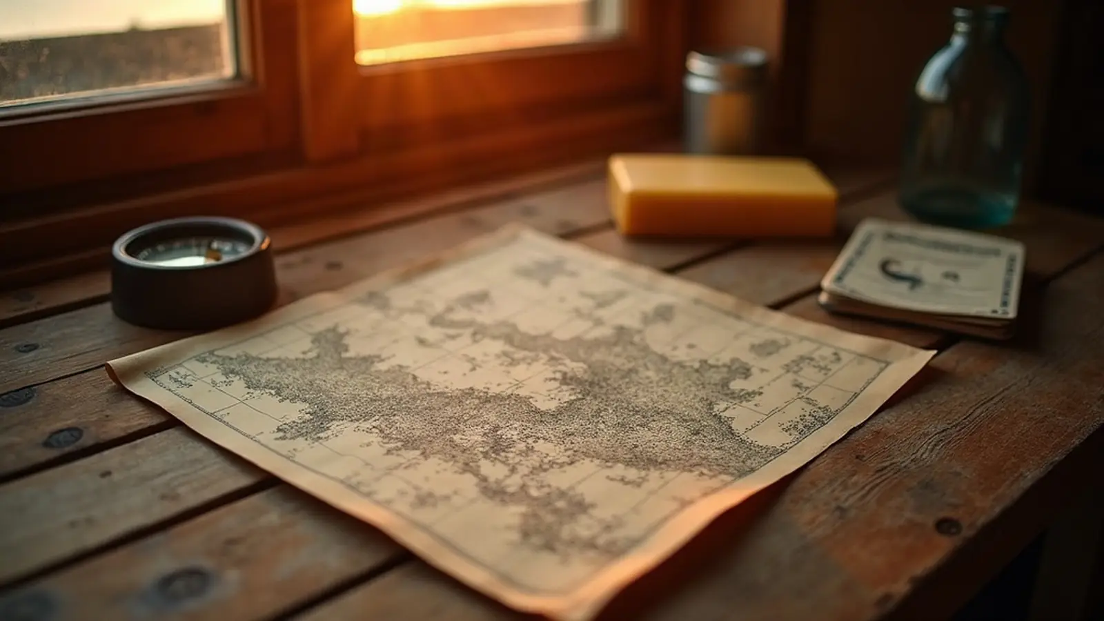 Nautical chart, notebook and compass on a wooden table