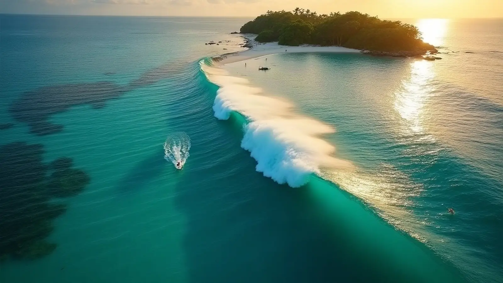 Aerial view of a long left-hand reef wave peeling along a coral reef