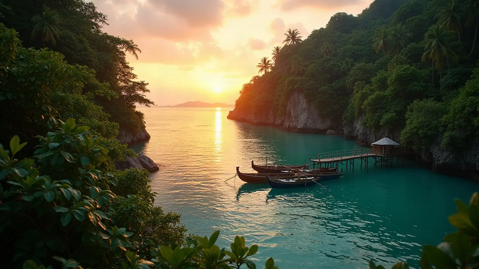 Jungle coastline with a wooden jetty and outrigger canoes