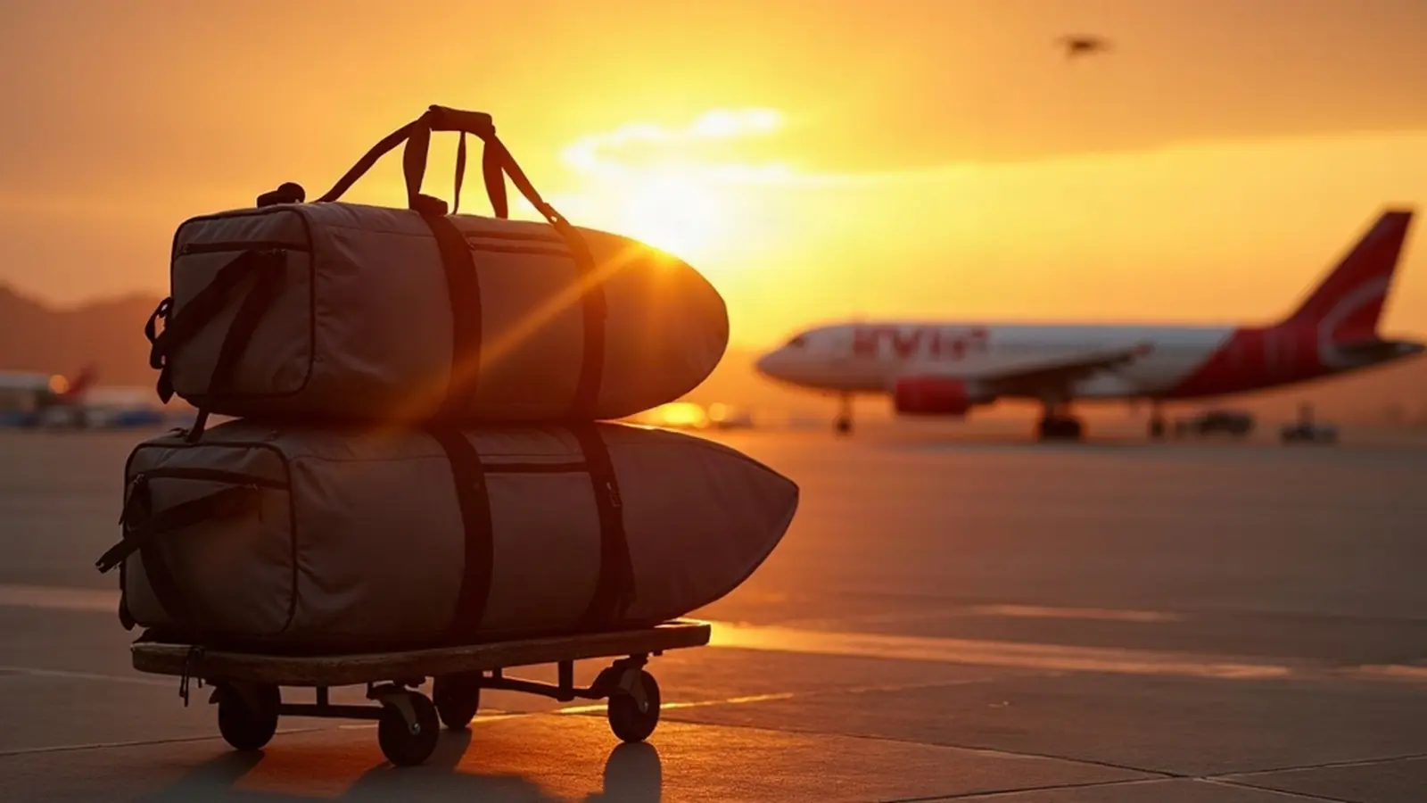 Surfboard travel bags on a trolley at a tropical airport at dawn