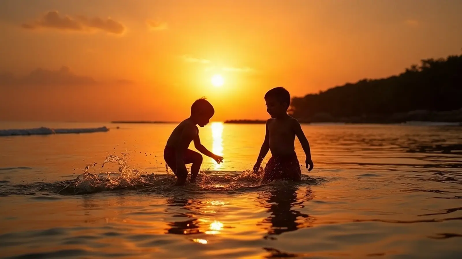 Family with children playing in a shallow lagoon at sunset