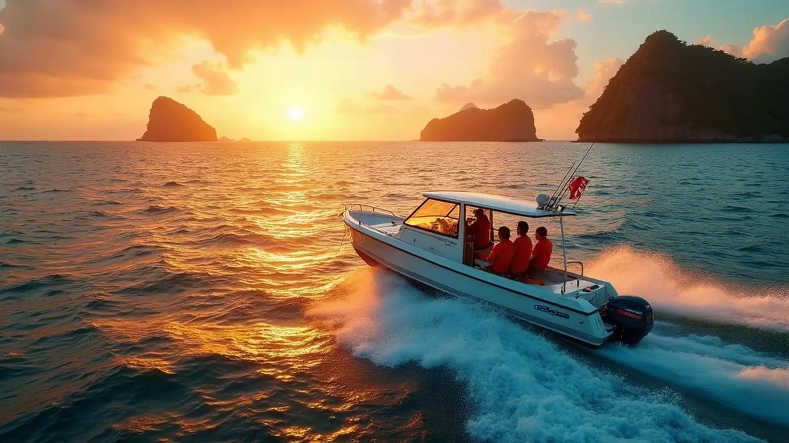 Speedboat crossing open ocean between tropical islands