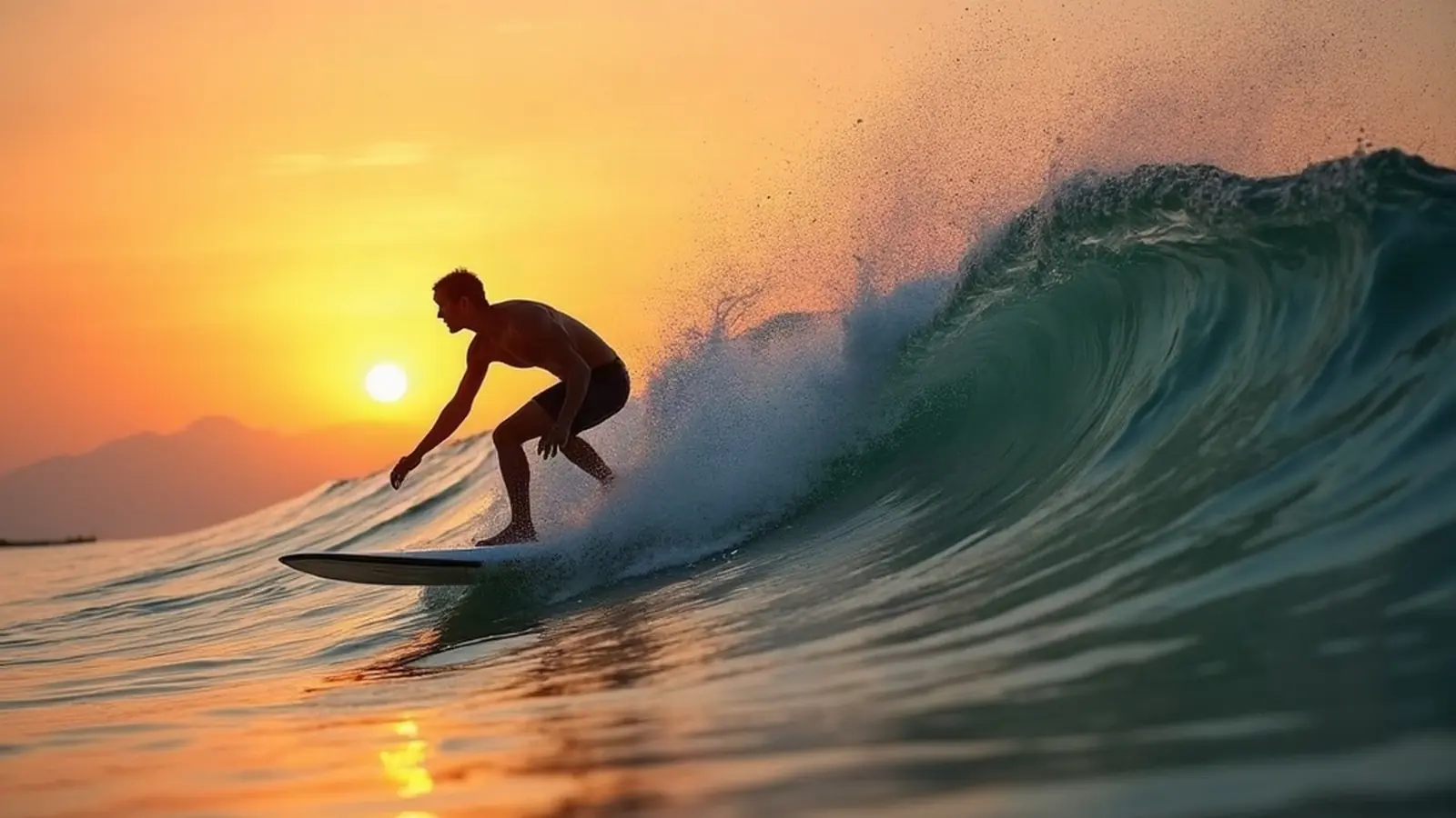 Surfer making a bottom turn on a clean head-high wave