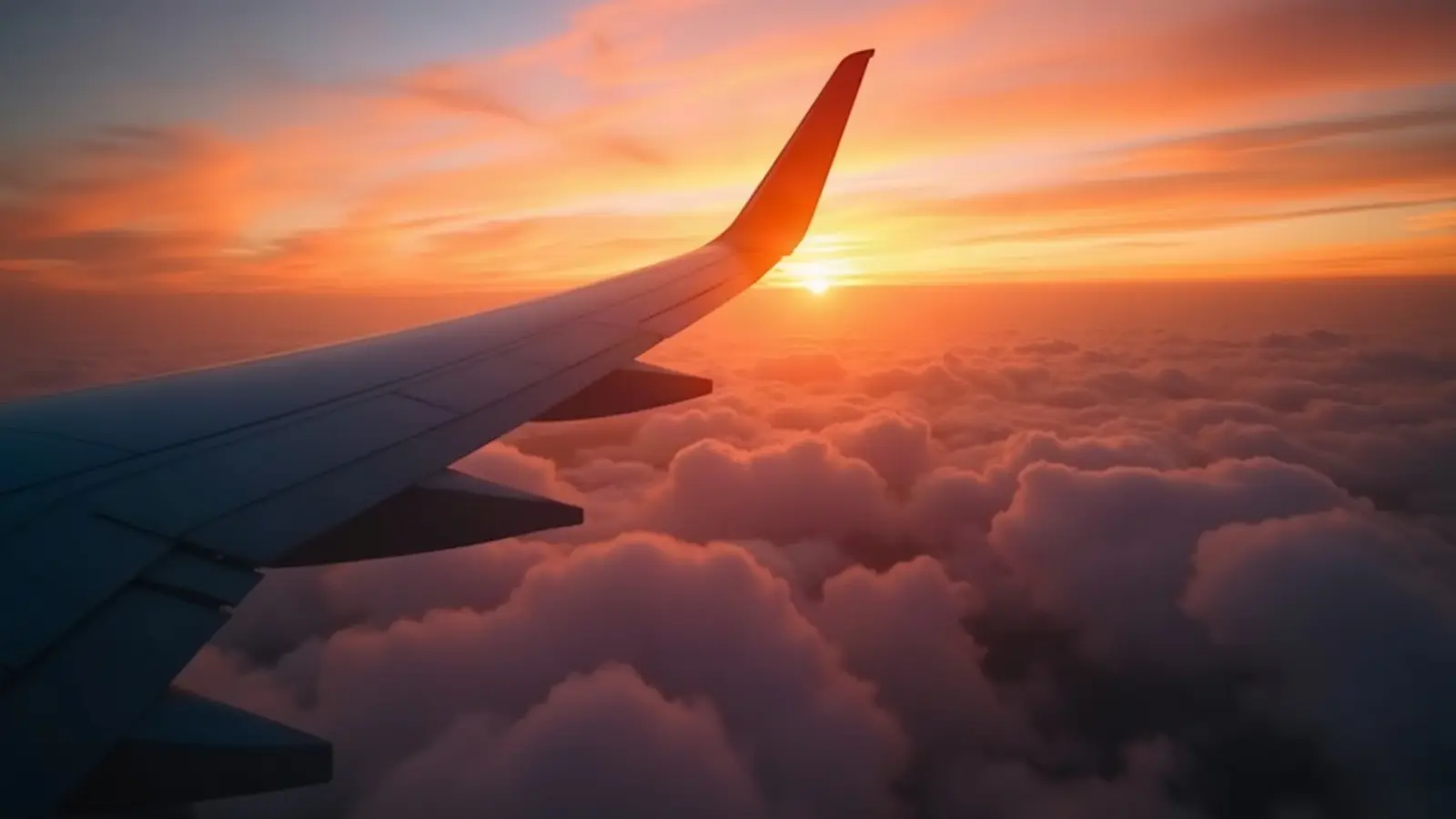 Airplane wing above the ocean at sunset
