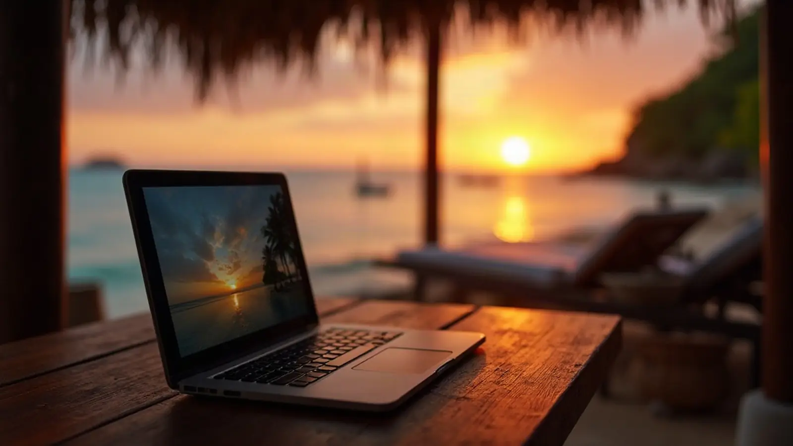 Phone and laptop on a table in a bungalow with an ocean view