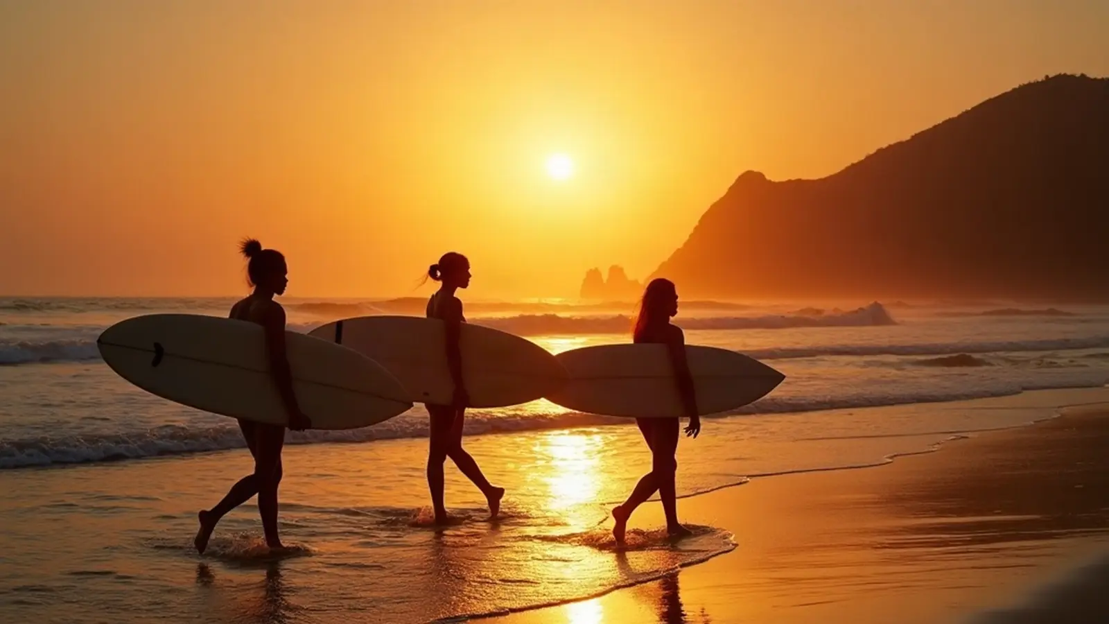Women surfers walking along a tropical beach with boards at sunset