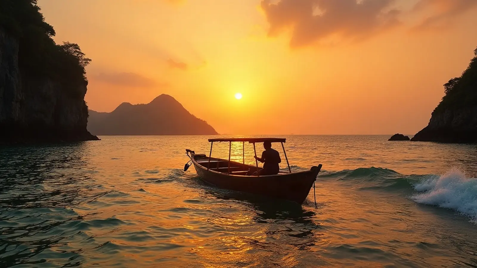 Small boat alone at anchor near a reef pass at dawn