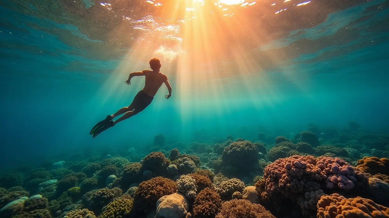 Snorkeller floating above a coral reef in clear water