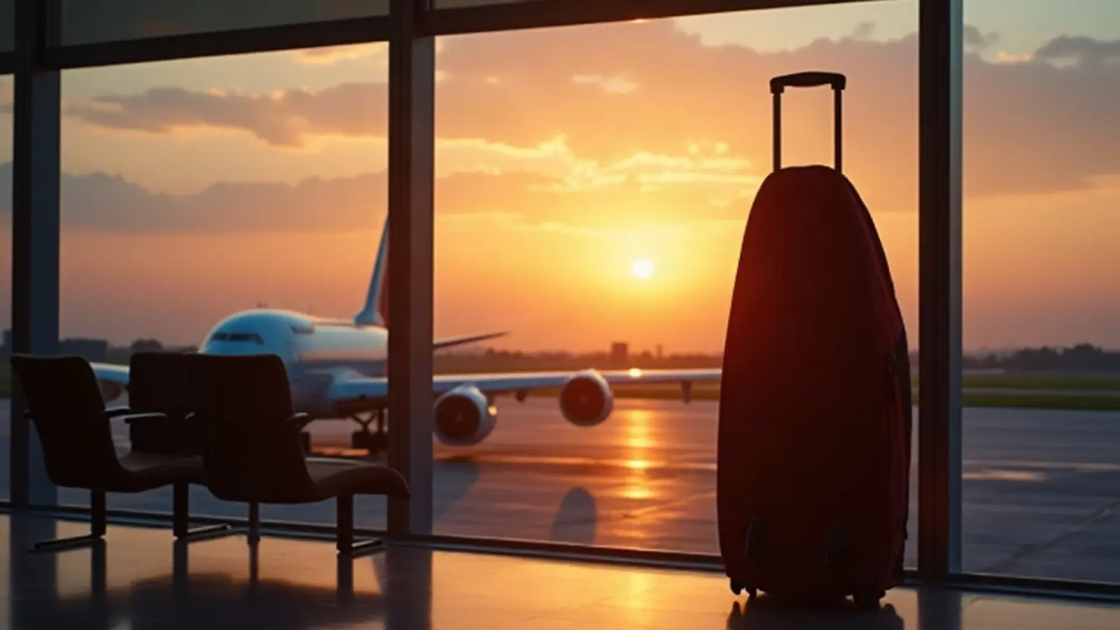 Surfboard bag by an airport window at dusk