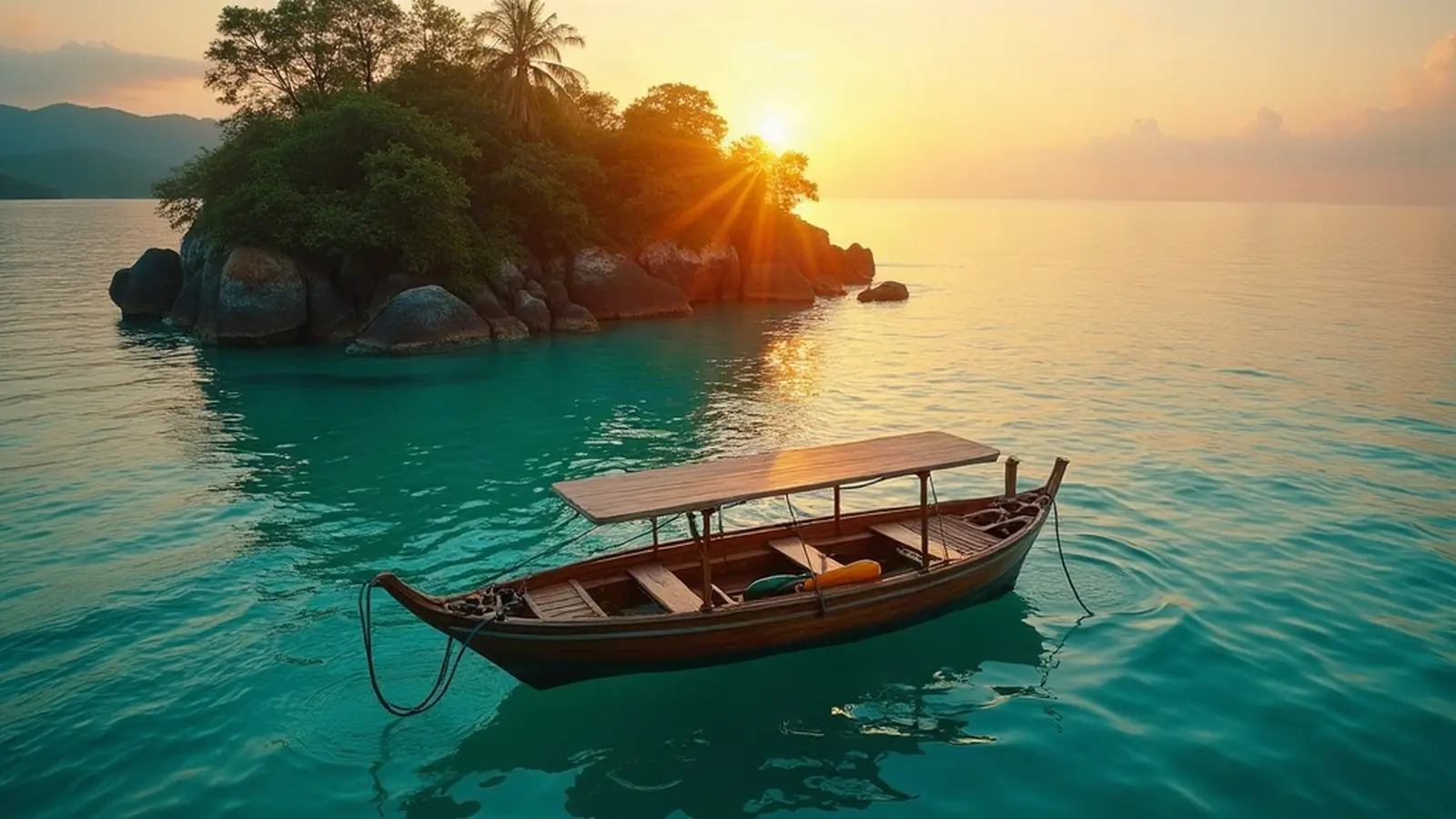 Surf boat at anchor beside a jungle island at golden hour