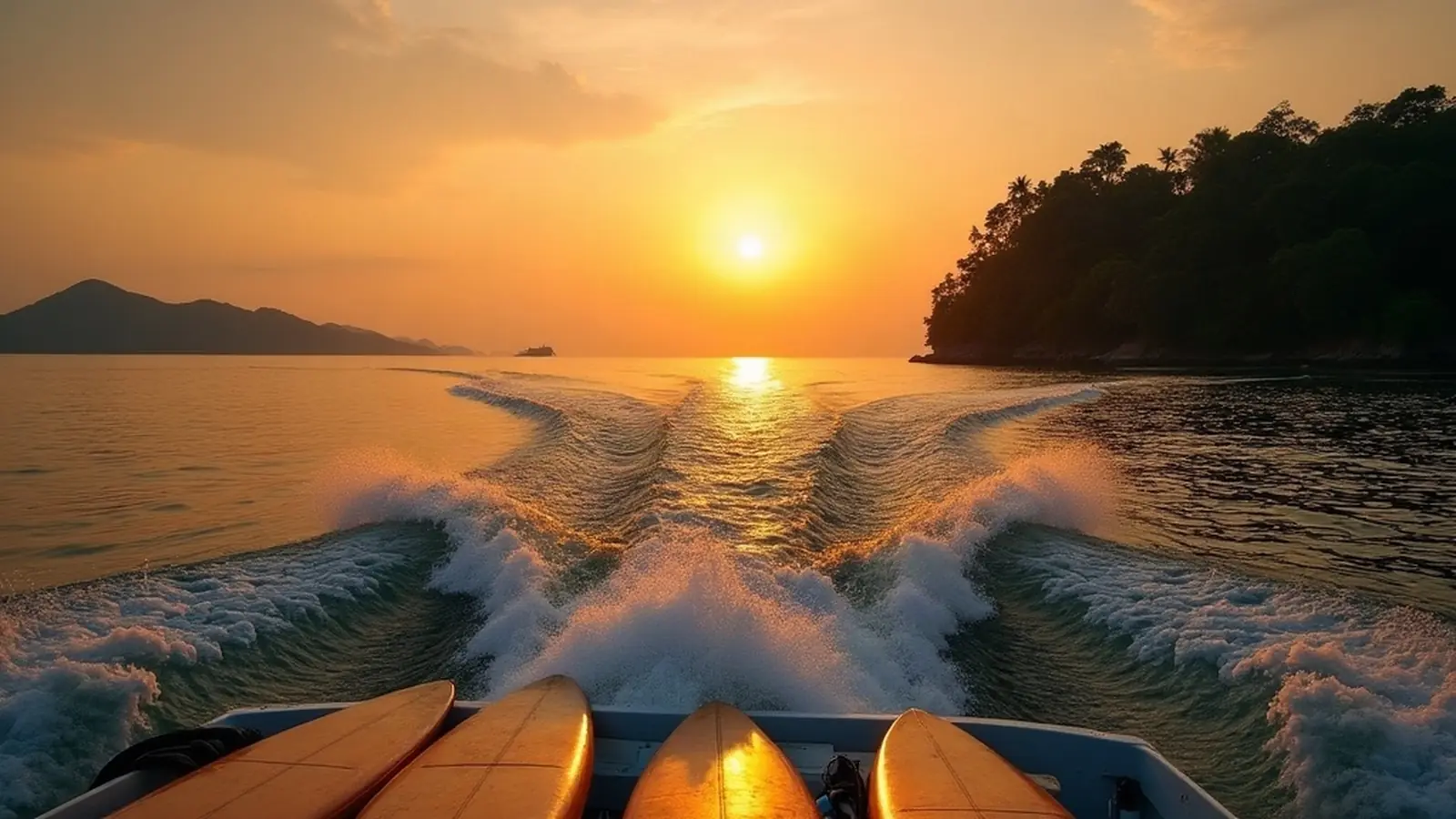Boat heading toward a jungle island at sunrise